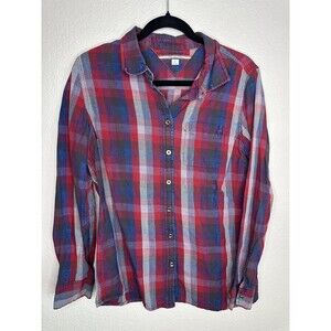 Tommy Hilfiger Shirt Womens Large Red Blue Plaid Button Up Casual Lightweight